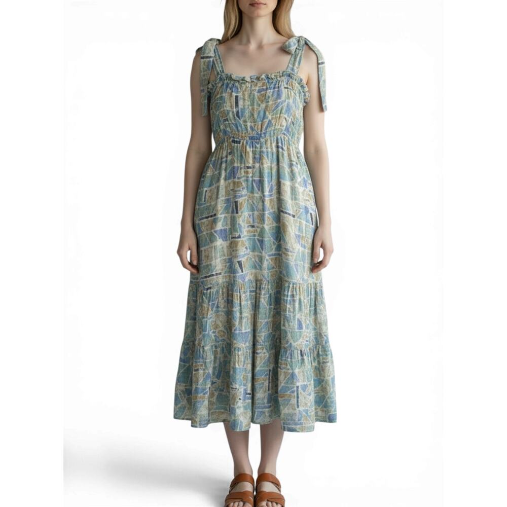 Blue Boho Midi Dress Tie Strap Flowy Elastic Waist Size L Blu Pepper